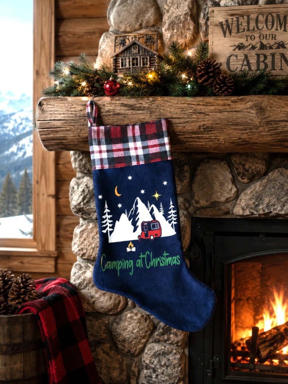 Handmade Denim Christmas Stocking Mountains Cabin Decor Camping Fishing M-L